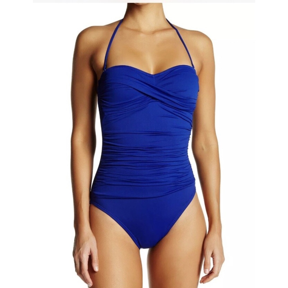 La Blanca Sapphire Blue Ruched One Piece Bandeau Halter Tummy Control Size 10